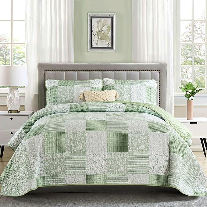 Mybedsoul Light Green Quilt Set King Size, 3 Pieces Plaid Floral Bedspread Set by Mybedsoul