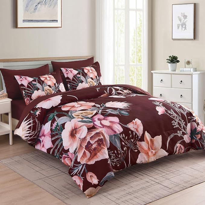 Luxudecor Burgundy Floral Comforter Set Queen Size 7 Piece, Flower Bed in a Bag - Image 2