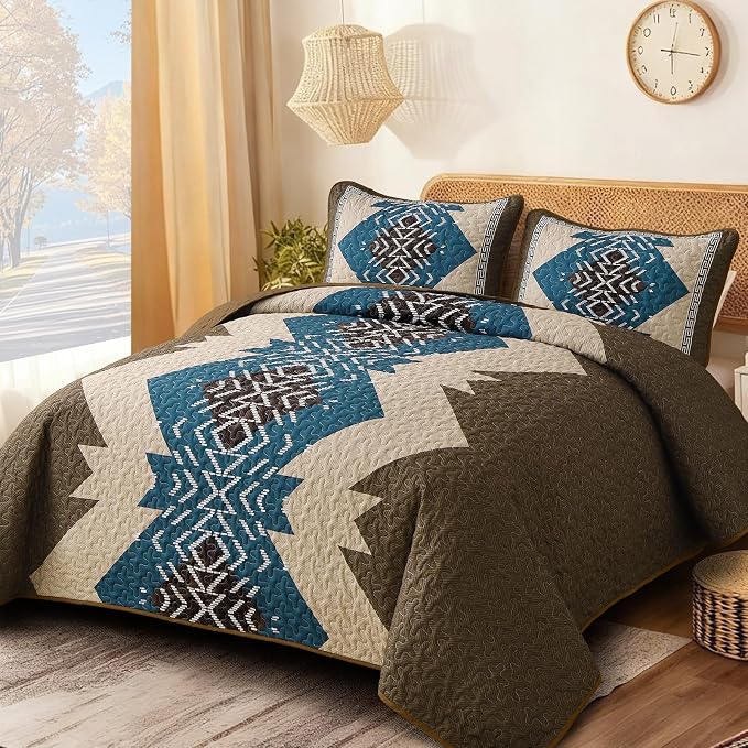 Dintszyayue Brown Boho Quilt Set Queen, Aztec Western Quilt Bedspread Set - Image 2