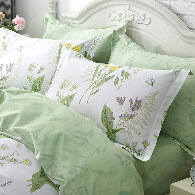 FADFAY Duvet Cover Set Queen Shabby Green Daisy and Lavender Flowers 100% Cotton - Image 6