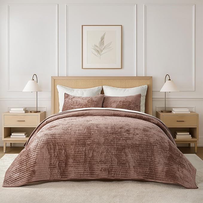 EVERGRACE Velvet Quilt Set King Size, Luxurious Soft Striped Channel Bedding Set by EverGrace