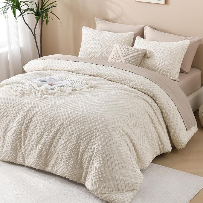 Andency Beige Boho Full Size Comforter Set, 3 Pieces Chevron Tufted Farmhouse - Image 6