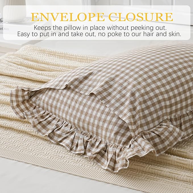 Taupe/White Plaid Euro Pillow Shams Ruffle Pillowcases Set of 2, Shabby - Image 6