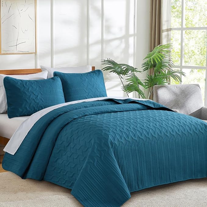 Yiran Teal Blue Quilt Set Queen Size Lightweight Bedspread Ultrasonic Wave - Image 3