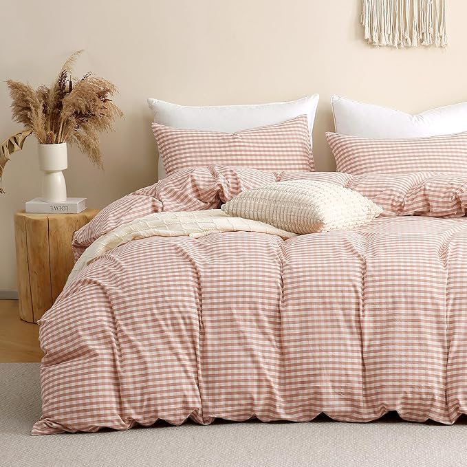 TOCOMOA Pink Tan Gingham Duvet Cover Bedding Set 100% Washed Cotton Like Linen by TOCOMOA