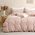 TOCOMOA Pink Tan Gingham Duvet Cover Bedding Set 100% Washed Cotton Like Linen by TOCOMOA