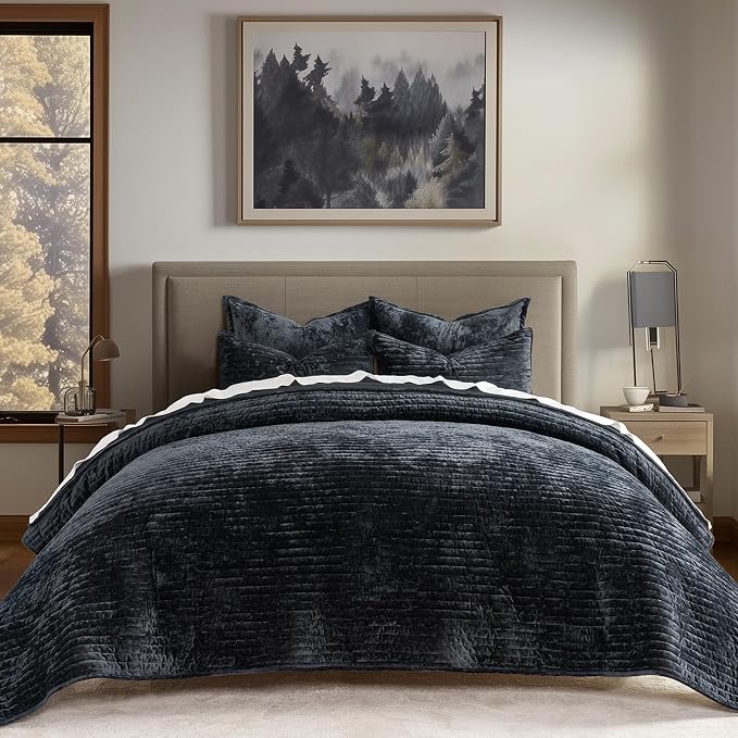 EVERGRACE Velvet Quilt Set King Size, Luxurious Soft Striped Channel Bedding Set by EverGrace