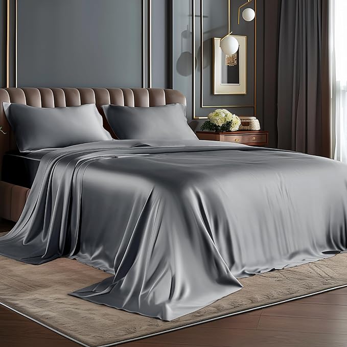 BEDELITE California King Sheets Set, Luxury Soft Dark Grey Satin Sheets by BEDELITE