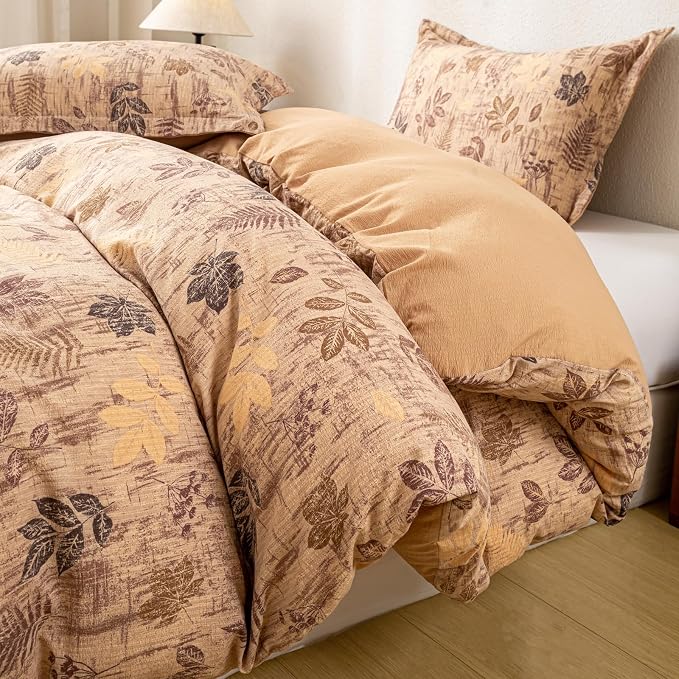 OAITE Brown Leaves Queen Size Duvet Cover-3 Pieces Prewashed Cotton-Like - Image 3