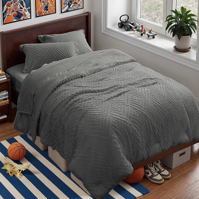 Zzlpp Twin Comforter Set 5 Pieces, Dark Grey Tufted Bed in a Bag by ZZLPP