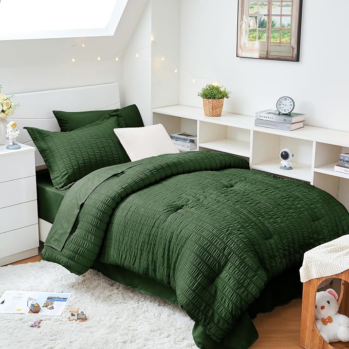 HYMOKEGE Dark Green Twin XLComforter Set Seersucker 5 Pieces, All Season Luxury by HYMOKEGE