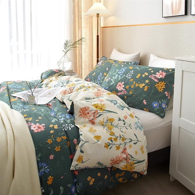 PinkMemory Green and White Floral Duvet Cover King 100% Cotton Reversible Green - Image 5