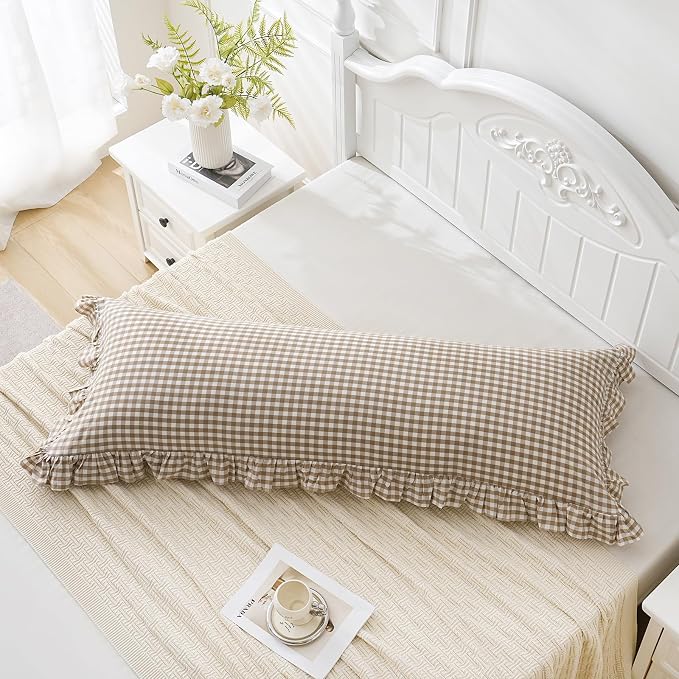Taupe/White Plaid Ruffled Body Pillow Cover Washed Cotton Farmhouse Checkered - Image 3