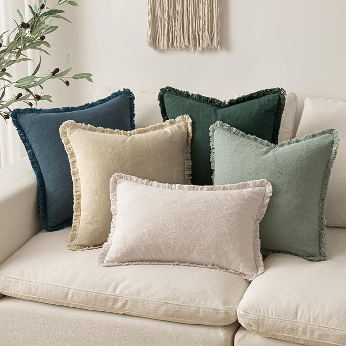 MIULEE Decorative Throw Pillow Covers Neutral Linen Fringe Throw Pillows Set of - Image 6