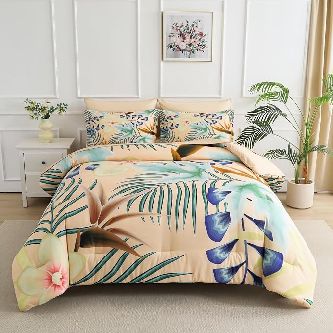 Yogeneg 7 Piece Bed in a Bag Queen Size Comforter Set Khaki Bedding Set by YOGENEG