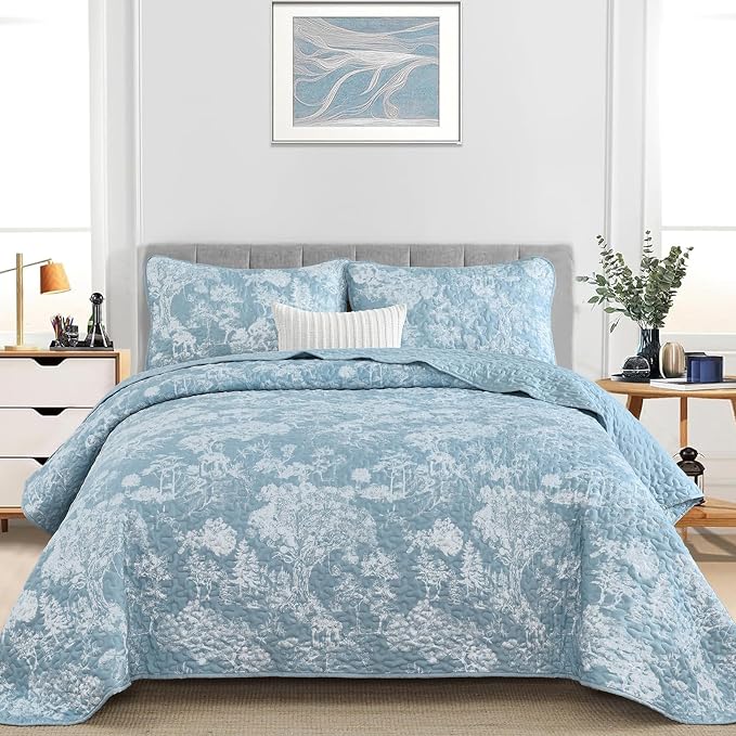 WONGS BEDDING Botanical Quilt Set Queen Size, Aqua 3 Pieces Toile Floral Plants - Image 2