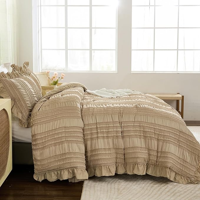 WONGS BEDDING Khaki Comforter Set King, 3 Pieces Ruffle Farmhouse Shabby Chic - Image 3