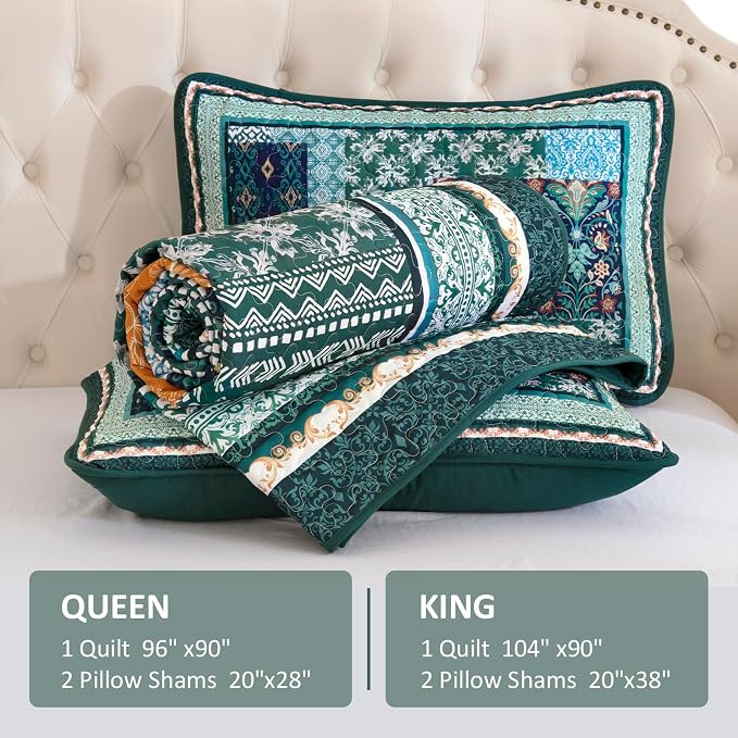 WONGS BEDDING Green Quilt Set King Size, 3 Pieces Boho Quilt Patchwork Quilt - Image 7
