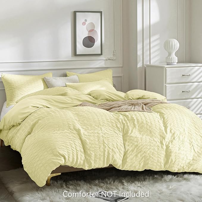 JELLYMONI Light Yellow Duvet Cover King Size, Soft Breathable Seersucker Duvet - Image 3