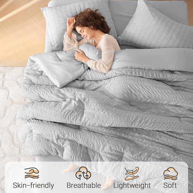 MUXHOMO 7 Pieces King Comforter Set, Seersucker Bed in a Bag King Size - Image 2