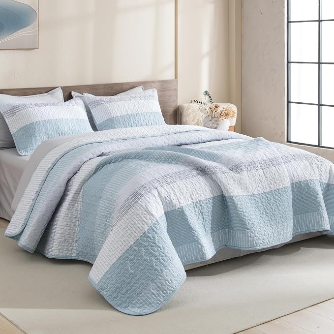 Litanika Quilt King Size Spa Blue, Stripe Patchwork Summer Bedspread Coverlet 3 by Litanika