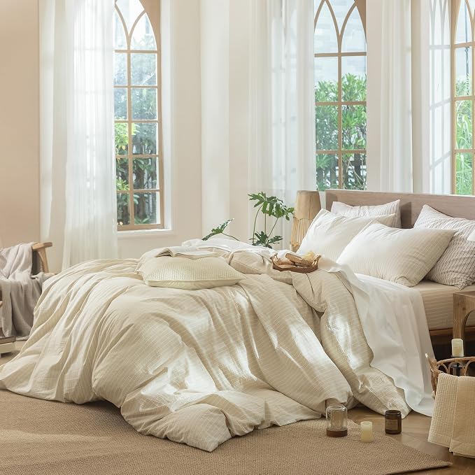 MooMee Striped Duvet Cover Set 100% Washed Cotton Linen Like Textured - Image 3
