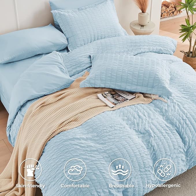 HYMOKEGE Lake Blue Duvet Cover Full Size, Ultra Soft 3-Piece Seersucker Duvet - Image 2