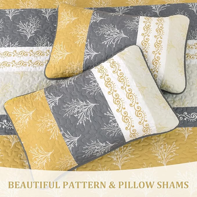 DJY Yellow Boho Quilt Set King Size, Striped Floral Yellow and Grey Bedspread - Image 7
