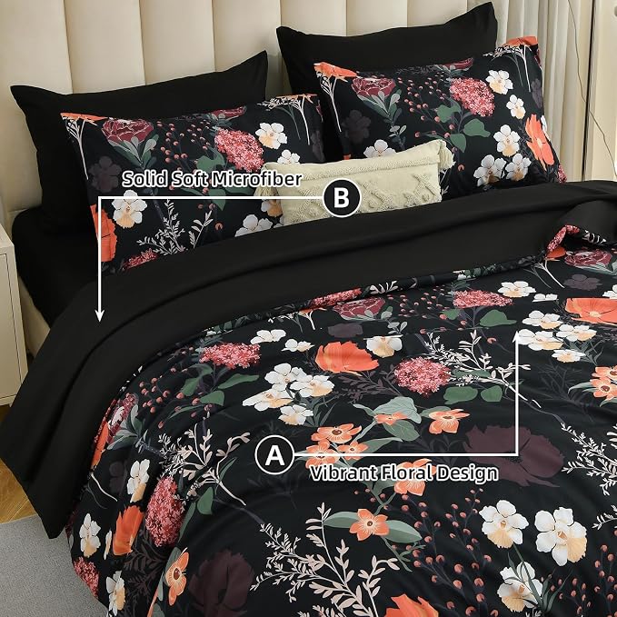 Yiran Black Red Floral Comforter Set Queen Size, 7 Piece Winter Comforter - Image 4