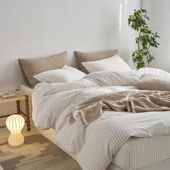 MooMee Striped Duvet Cover Set 100% Washed Cotton Linen Like Textured - Image 5