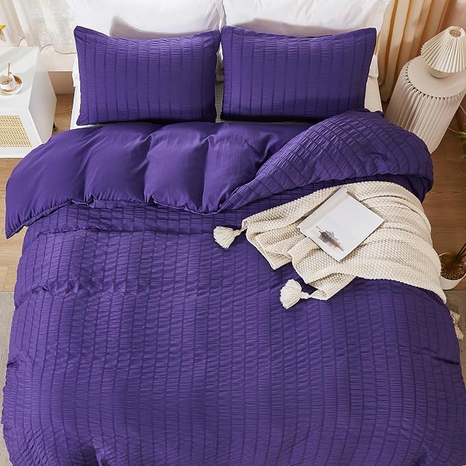 AveLom Dark Purple Duvet Cover Cal King, 3 Pieces, Seersucker Striped Soft - Image 7