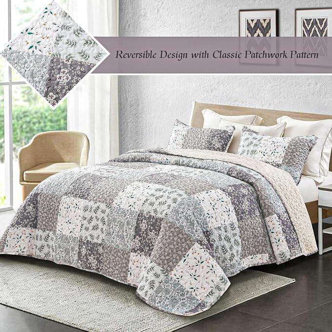 Whale Flotilla Patchwork Quilt King Size, Extra Soft Boho Floral Bedspreads - Image 2