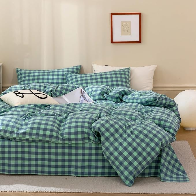 mixinni Green Gingham Grid Duvet Cover Queen, 100% Washed Cotton Modern - Image 2