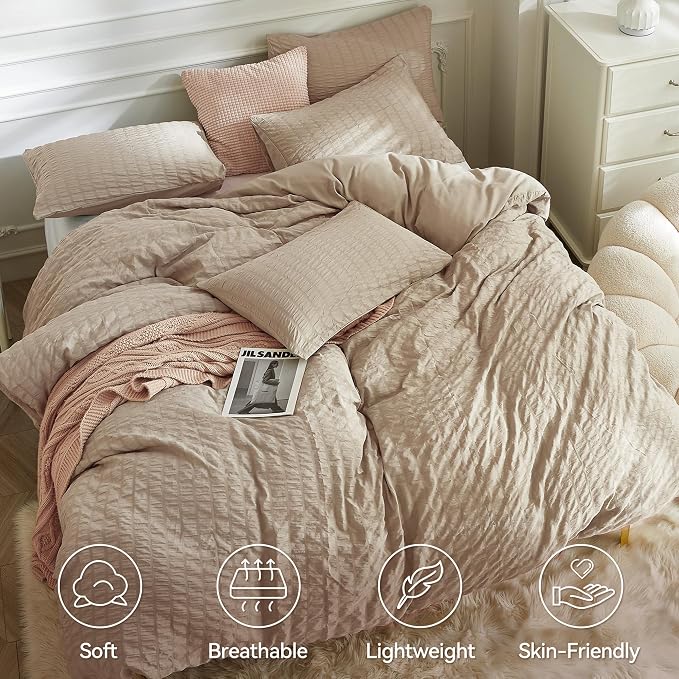 JELLYMONI Khaki Duvet Cover Full Size, Soft Breathable Seersucker Duvet Cover - Image 2
