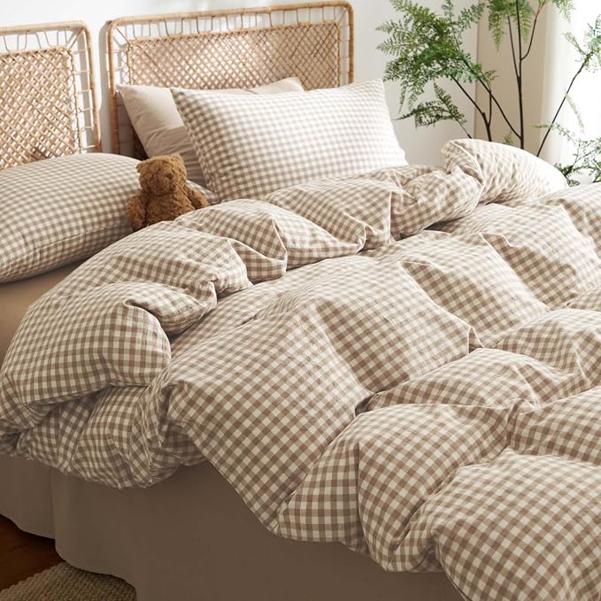 Nayoroom Gingham Duvet Cover King Size 100% Washed Cotton Brown Tan Plaid - Image 2