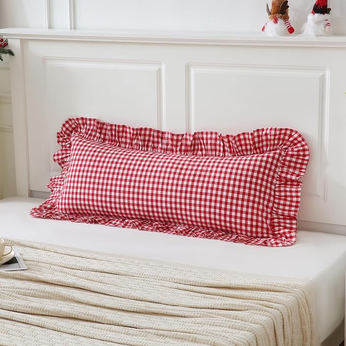 14x36 inches Red/White Plaid Ruffle Lumbar Gingham Pillow Sham 1 Piece - Image 5