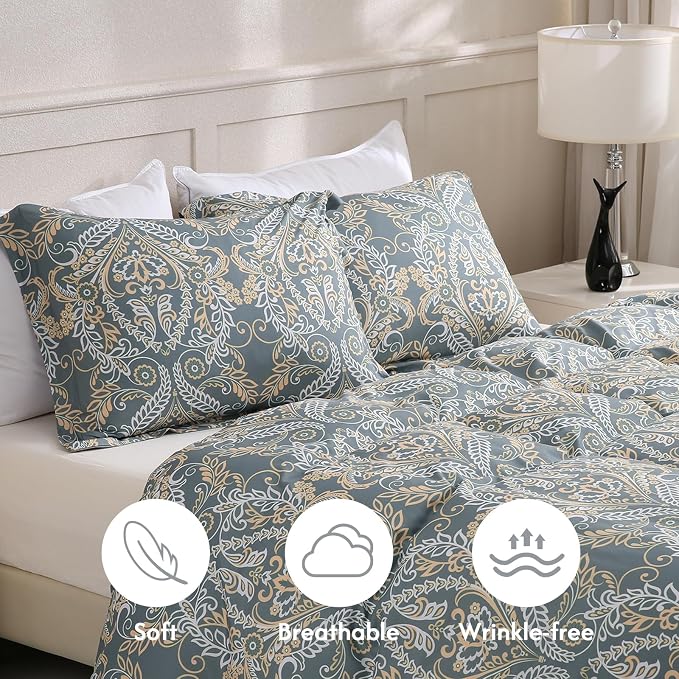 LONAVA King Paisley 3 Pcs Duvet Cover Set, Breathable Soft Microfiber Grey - Image 3