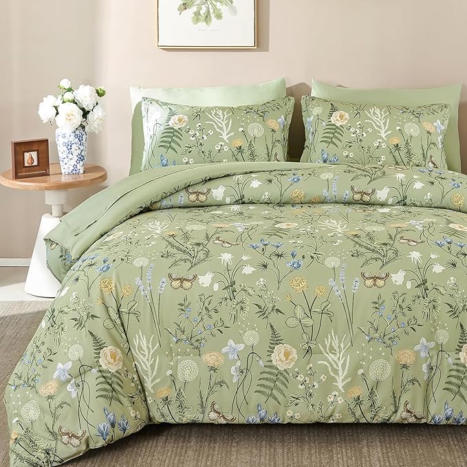 Yiran Sage Green Floral Comforter Set Queen Size, 7 Piece Botanical Comforter by Yiran