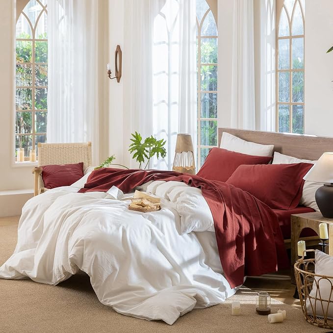 MooMee Fitted Bottom Sheet Only 100% Washed Cotton Linen Like Textured - Image 6