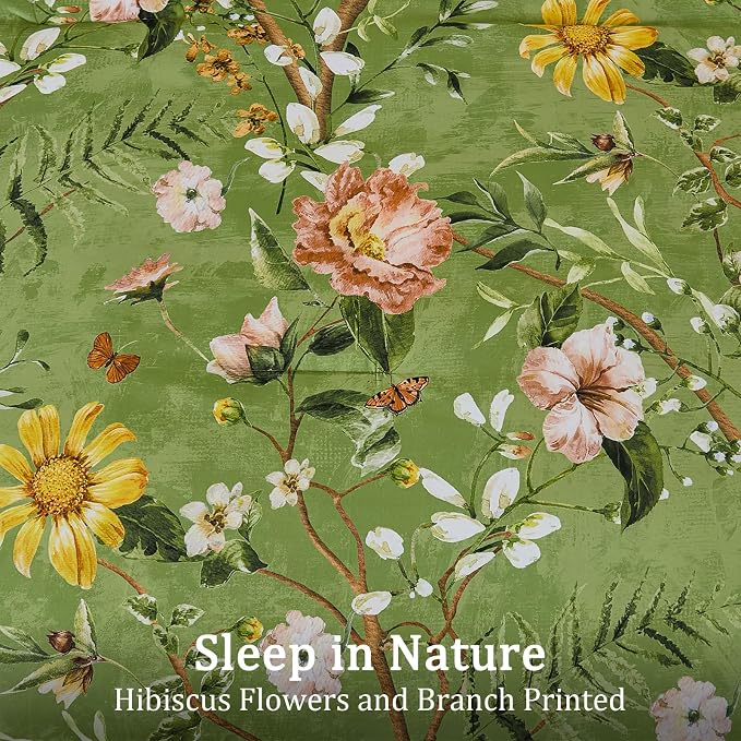 Yiran Sage Green Hibiscus Floral Comforter Set King Size, 7 Piece Bird Flowers - Image 4