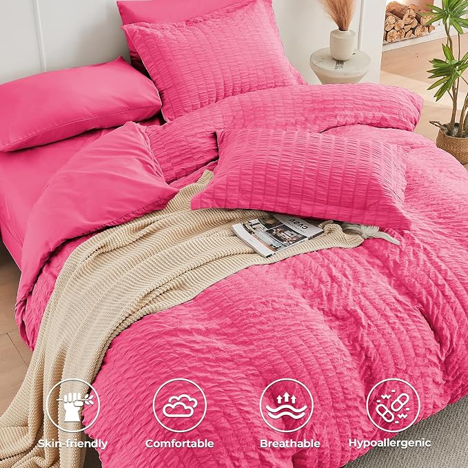 HYMOKEGE Hot Pink Queen Comforter Set Seersucker 7 Pieces, All Season Luxury - Image 3