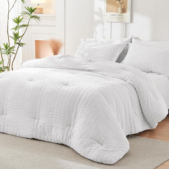 HYMOKEGE White Queen Comforter Set Seersucker 7 Pieces, All Season Luxury Bed - Image 8