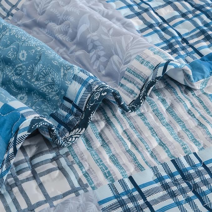 Xruibed Blue Quilt Set Queen Size 3 Pieces Plaid Floral Boho Bedspread Coverlet - Image 7