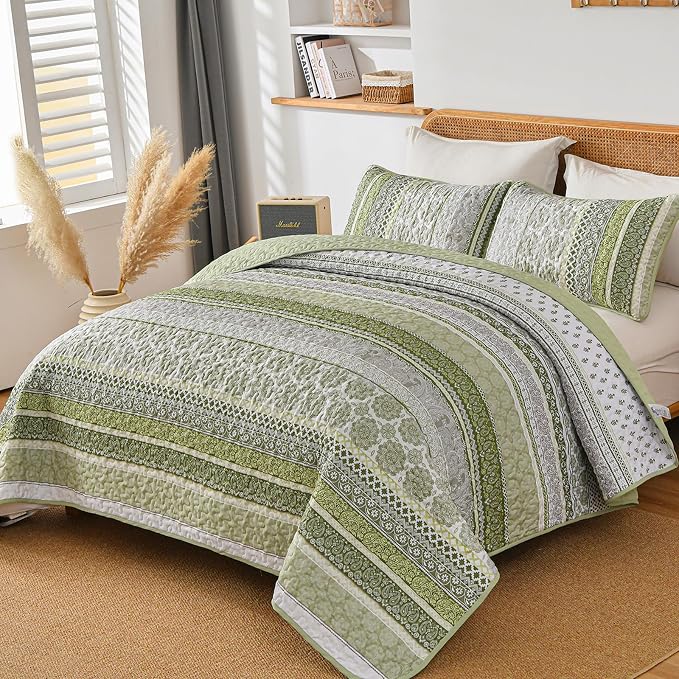 WONGS BEDDING Boho Quilt Set King Size, Sage Green Bohemian 3 Pieces Quilt Sets - Image 2