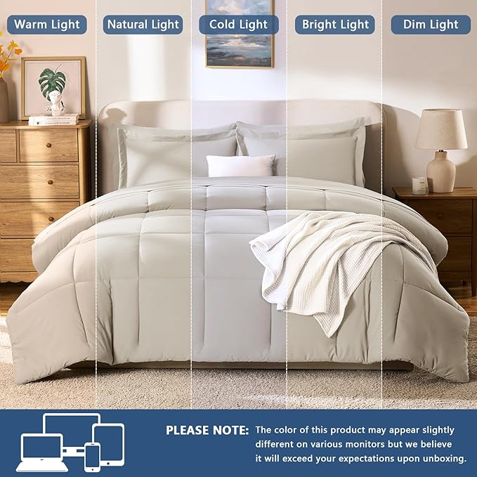 CozyLux Oversized Queen Comforter Sets Beige, 7 Pieces Bed in a Bag, 98x98 Box - Image 5