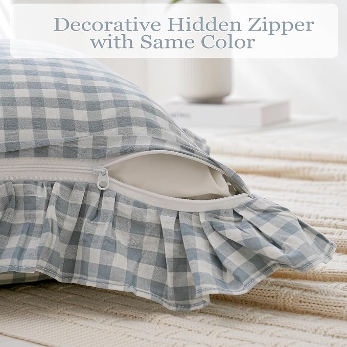 2 Pack Blue White Plaid Ruffle Throw Pillow Covers Farmhouse Checkered Chic - Image 5