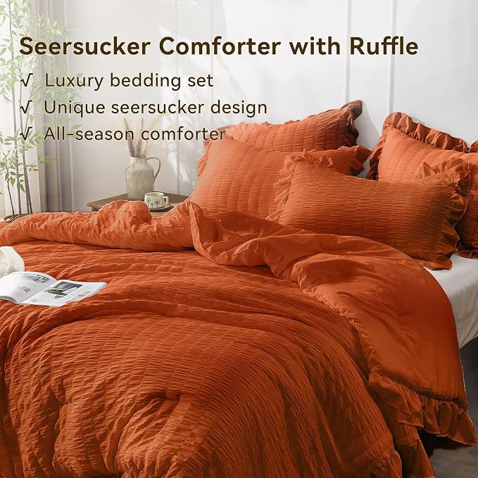 JOLLYVOGUE Burnt Orange Twin Size Comforter Set, 2 Pieces Seersucker - Image 4
