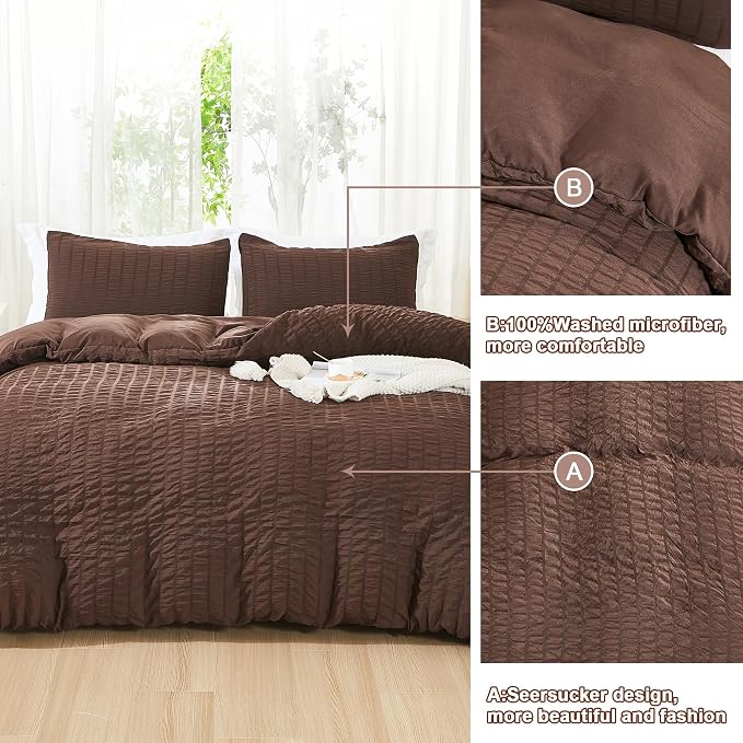 AveLom Brown Duvet Cover Full, 3 Pieces, Seersucker Tripe Soft Washed - Image 5