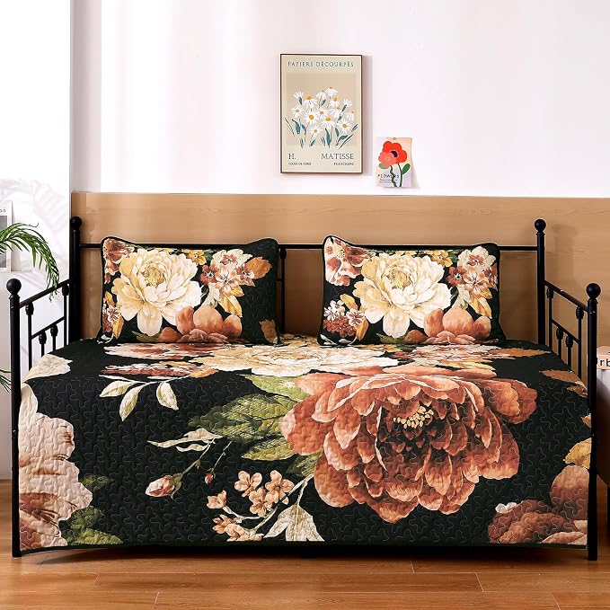 WONGS BEDDING Black Boho Floral Quilt Set King, 3 Pieces Elegant Gold Flower - Image 5