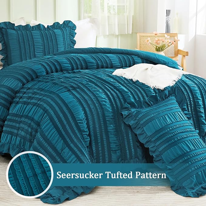WONGS BEDDING Teal Comforter Set King, 3 Pieces Ruffle Farmhouse Shabby Chic - Image 2
